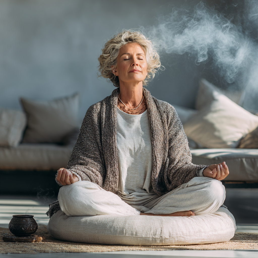 Жінка 52 років медитує в позі лотоса в світлій кімнаті з м'якими подушками та благовоніями