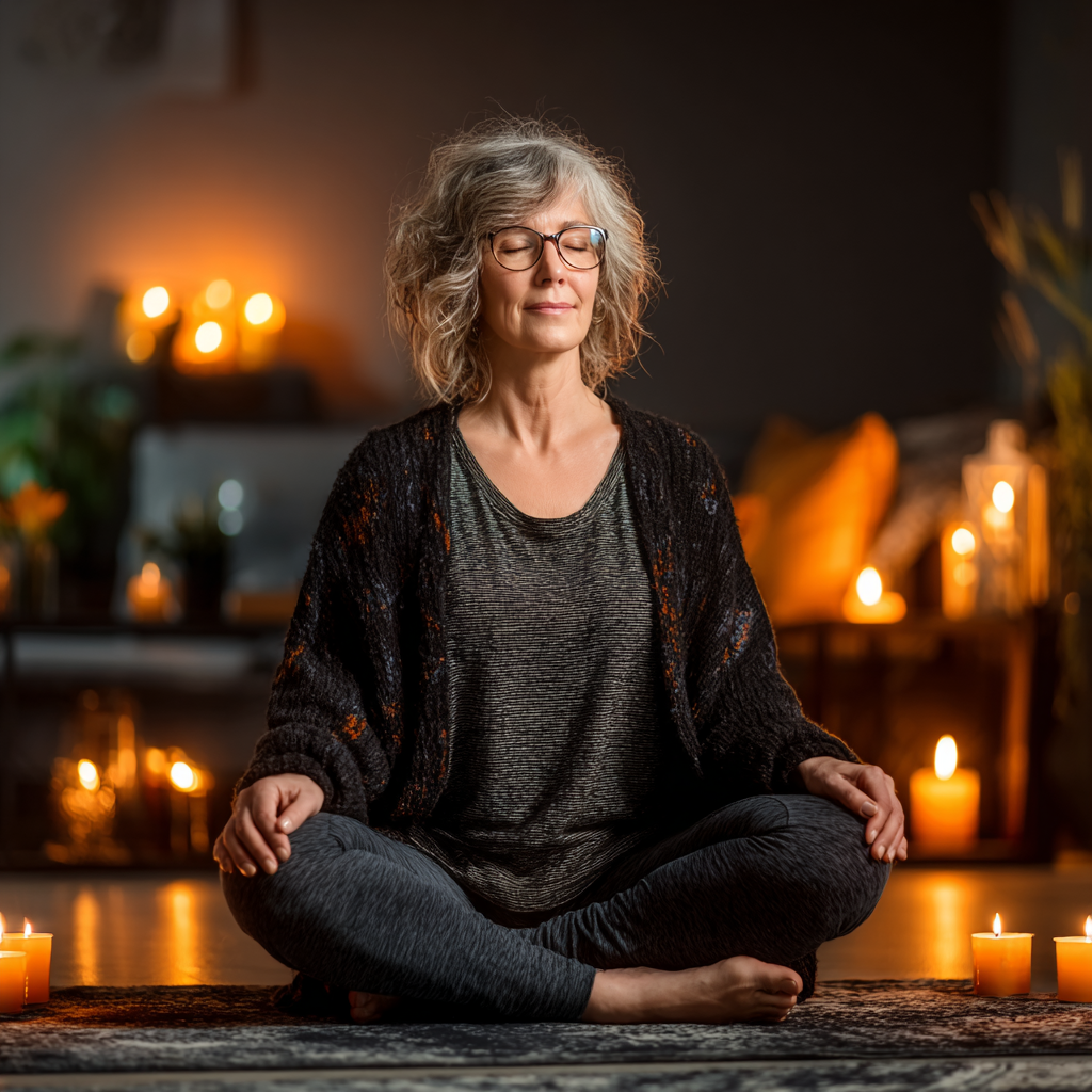 Жінка 55 років виконує м'яку асану йоги на килимку в затишному залі зі свічками та рослинами