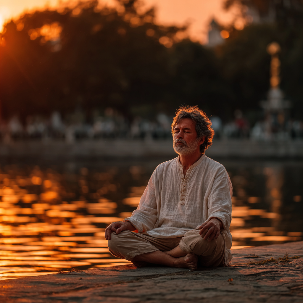 Чоловік 58 років в позі лотоса медитує на природі біля озера в променях ранкового сонця